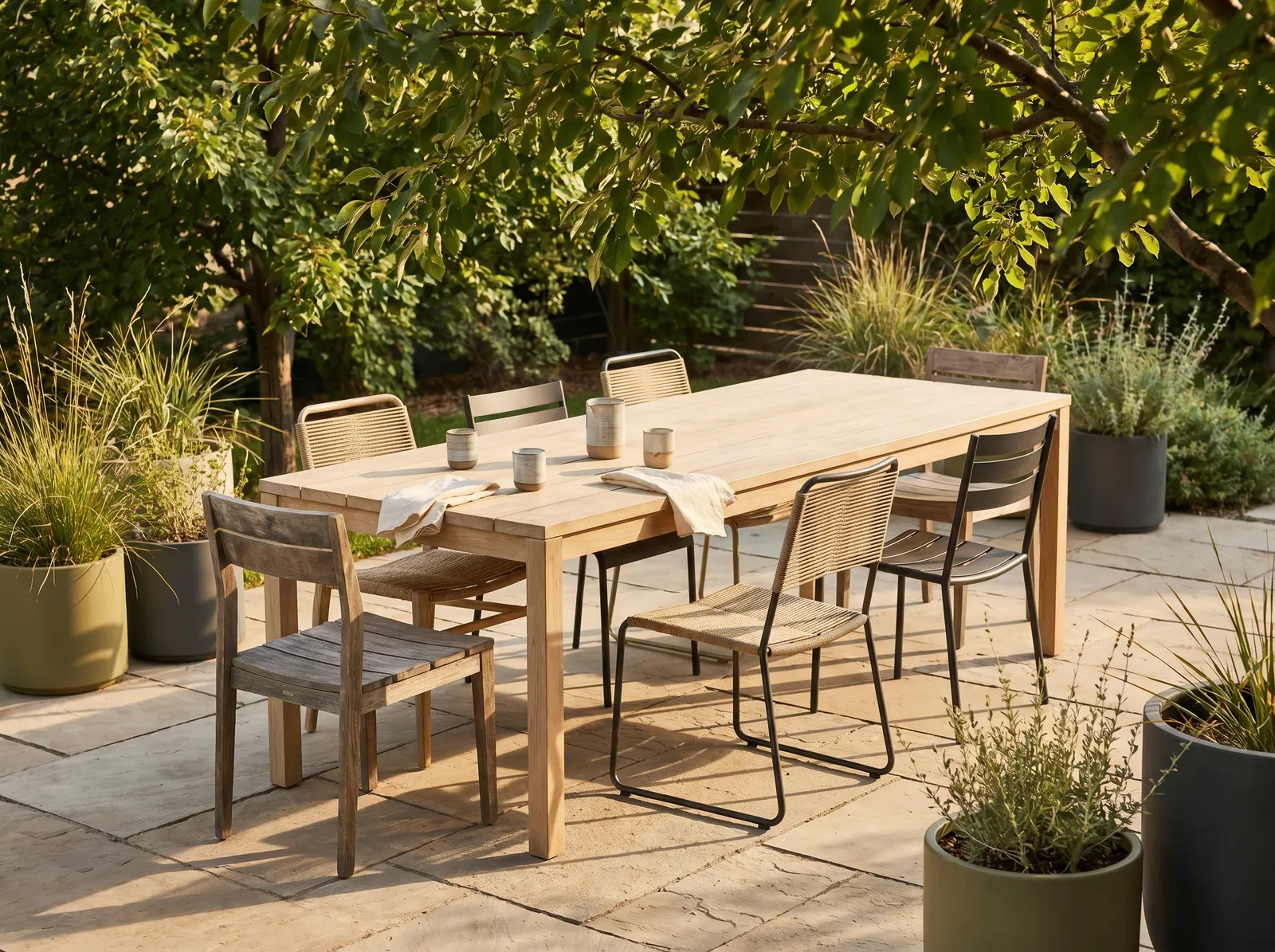 A long outdoor table beneath trees in a landscaped garden