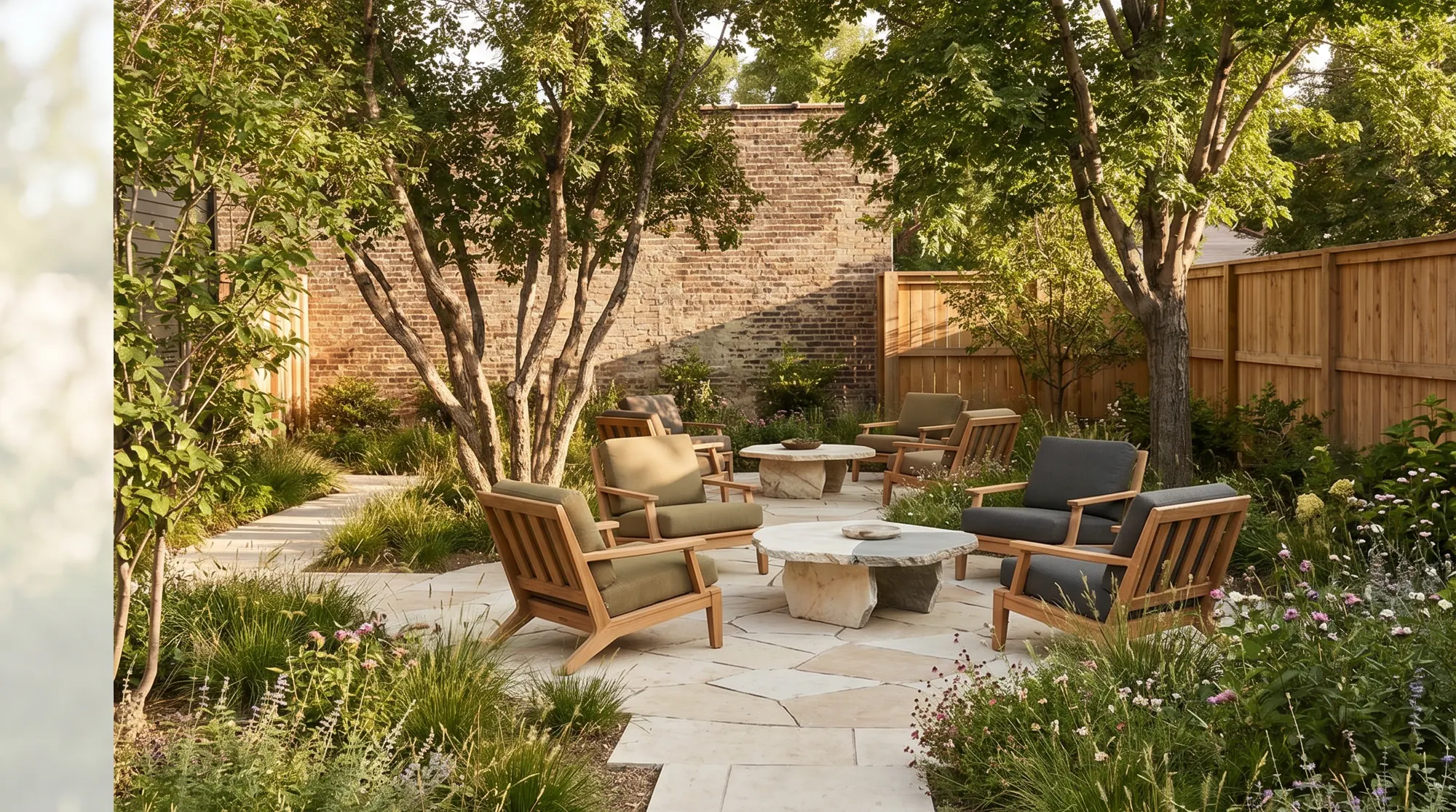 A landscaped garden courtyard with refined outdoor seating