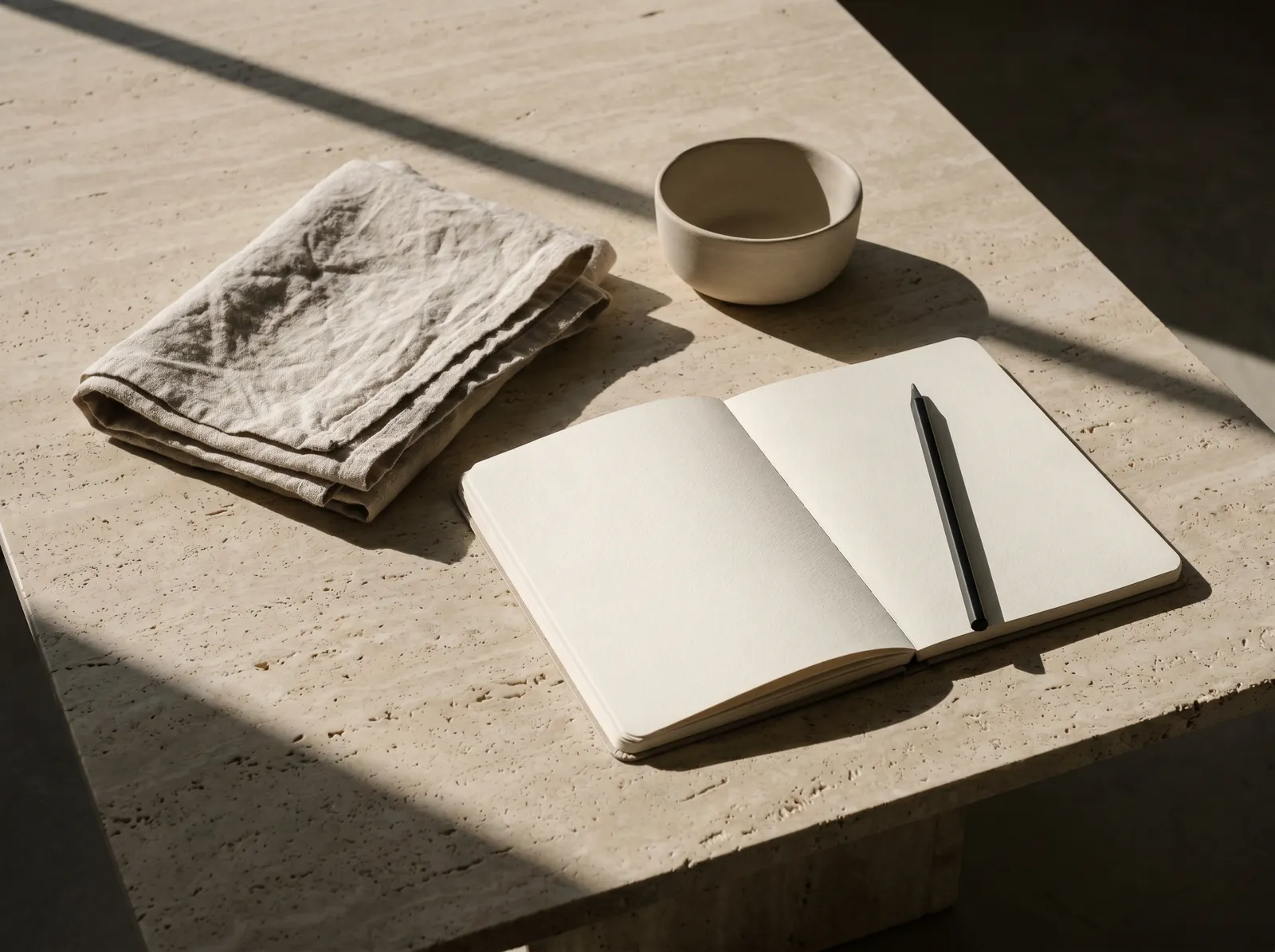 An open notebook, pencil, ceramic bowl, and folded linen cloth on a stone table in morning light
